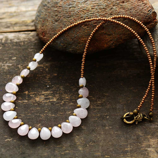 Handmade Natural Rose Quartz Teardrop Choker Necklace - 18 Inches