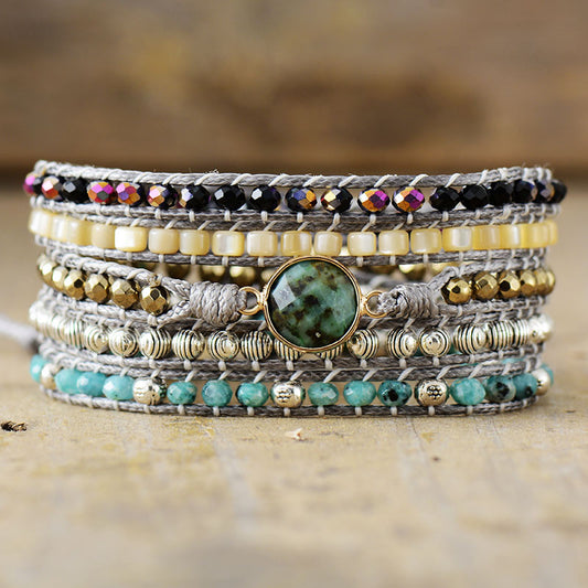 Boho-Chic Shell, Jade and African Turquoise Wrap Bracelet - 32.5 Inches + 3 Closures