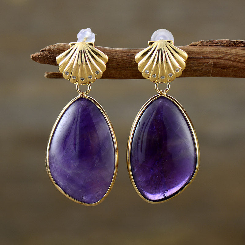 Handmade Amethyst and Gold Plated Shell Earrings