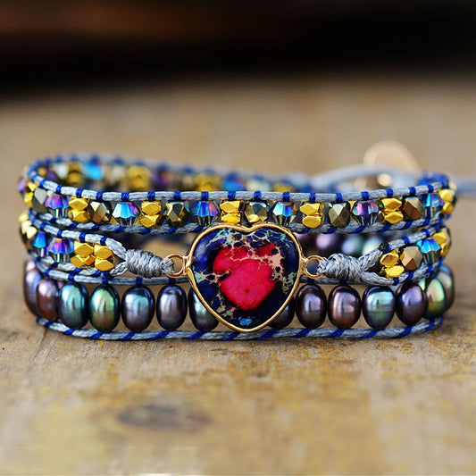 Handmade Fresh Water Pearl, Jasper and Heart Shaped Charm Wrap Bracelet