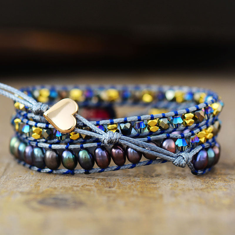 Handmade Fresh Water Pearl, Jasper and Heart Shaped Charm Wrap Bracelet