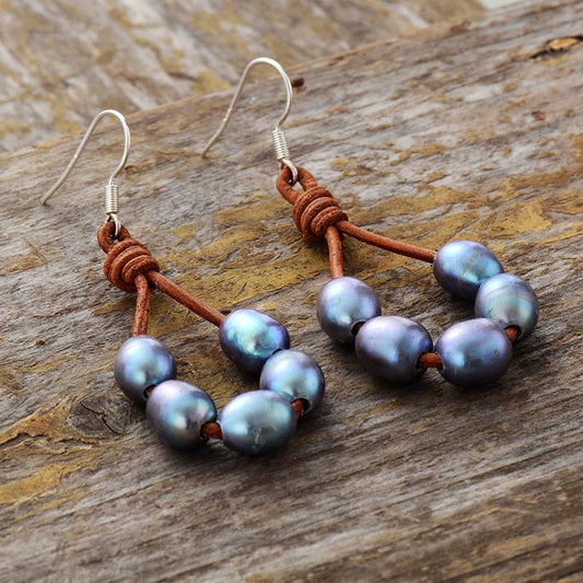 Handmade Grey Freshwater Pearls and Leather Earrings