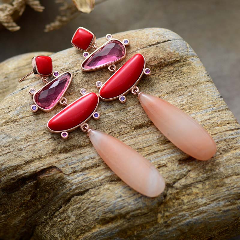 Handmade Red Jade and Quartz Earrings