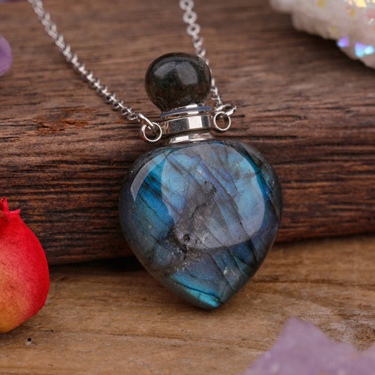 MantraChakra Labradorite Crystal Perfume Bottle Necklace with a silver chain