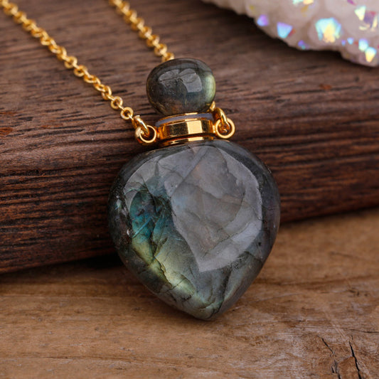 MantraChakra Labradorite Crystal Perfume Bottle Necklace with a gold chain