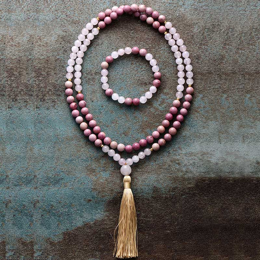 MantraChakra 108 Rose Quartz and Rhodonite Beads Mala Set