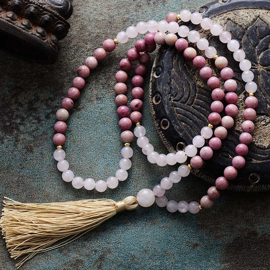 MantraChakra 108 Rose Quartz and Rhodonite Beads Mala Set