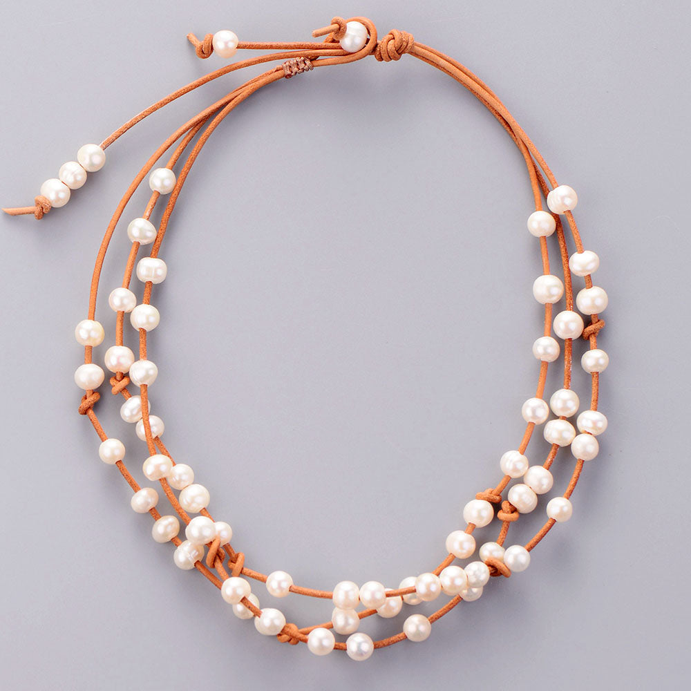 MantraChakra 3 Layer Leather Freshwater Pearl Necklace