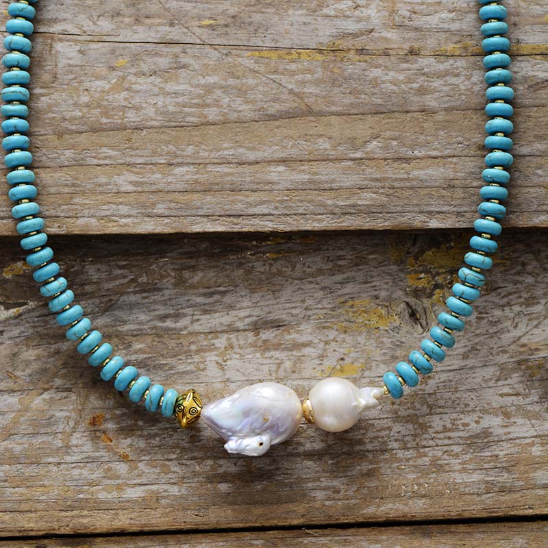 MantraChakra Baroque Pearl and Turquoise Choker Necklace