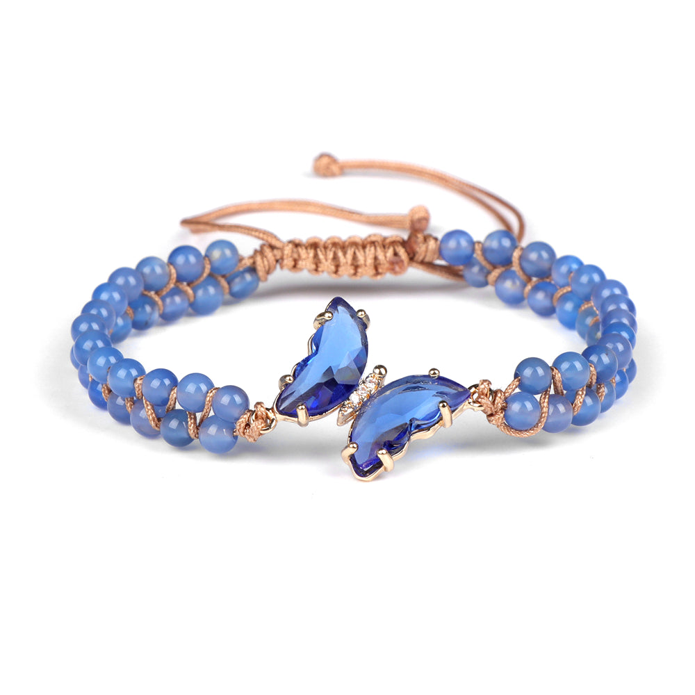 MantraChakra Blue Agate Beaded Bracelet with a Crystal Butterfly
