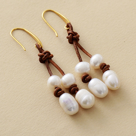 MantraChakra Freshwater Pearl and Leather Dangle Earrings
