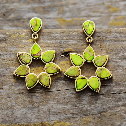 MantraChakra Green Jasper Flower Dangle Earrings