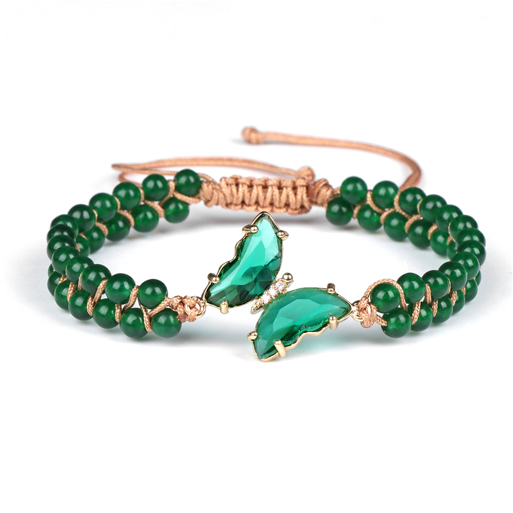 MantraChakra Jade Beaded Bracelet with a Crystal Butterfly