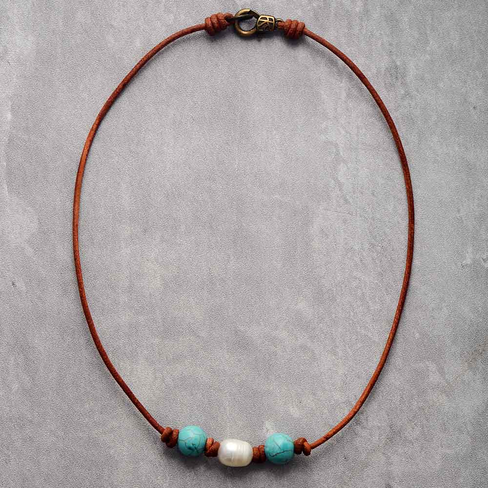 MantraChakra Pearl and Turquoise Leather Necklace