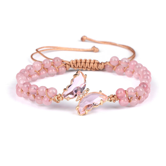 MantraChakra Pink Quartz Beaded Bracelet with a Crystal Butterfly