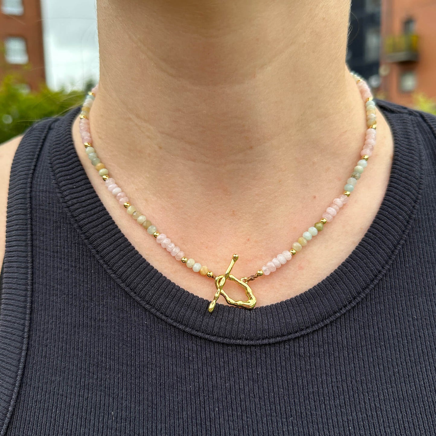MantraChakra Rose Quartz and Amazonite Beaded Necklace