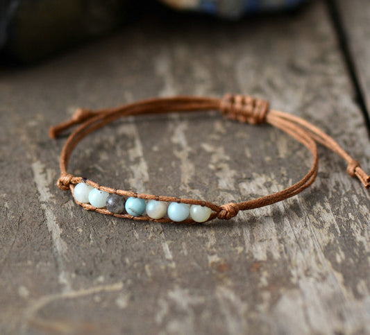 Simple Handmade Natural 4mm Amazonite Stone with Wax Cord Bracelet
