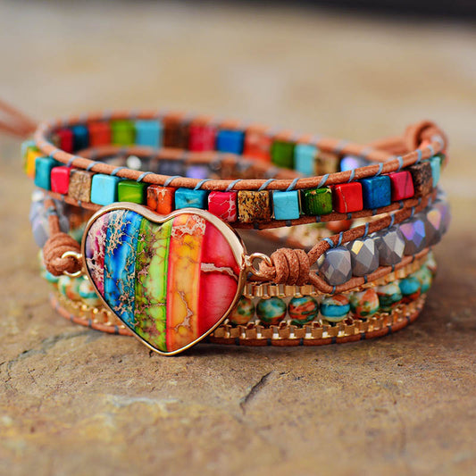 Handmade Romantic Chakra Heart Leather 3 Wrap Bracelet 19.7 Inches + 3 closures