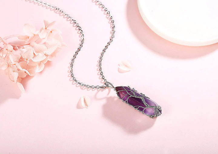 Tree Of Life Natural Amethyst Crystal Pendant Necklace