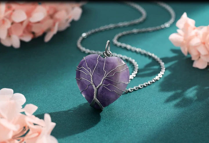 Natural Amethyst Stone with a Tree of Life Wrapped Heart Necklace