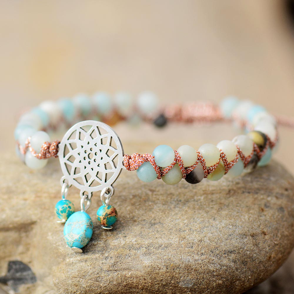 Handmade Natural Amazonite Braided Charm Bracelet - 6.7 Inches and adjustable