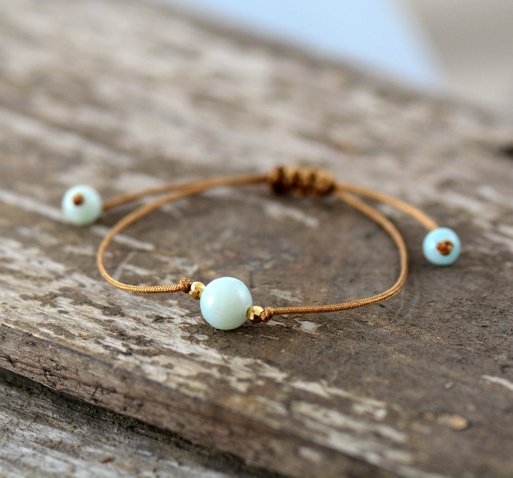 Simple Handmade Natural Amazonite Stone with Wax Cord Bracelet