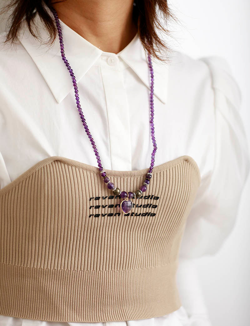 Handmade Amethyst Beaded Heart Pendant Bracelet/Necklace - 26.8 inches