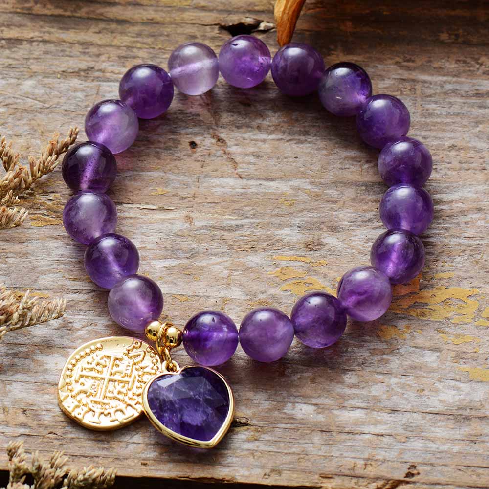 Handmade Natural Amethyst Stretch Bracelet with Gold Charms - 18-18.5cm