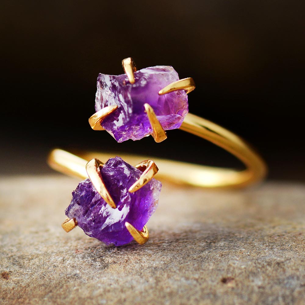Resizable 2 Stone Amethyst Natural Crystal Gold Plated Ring