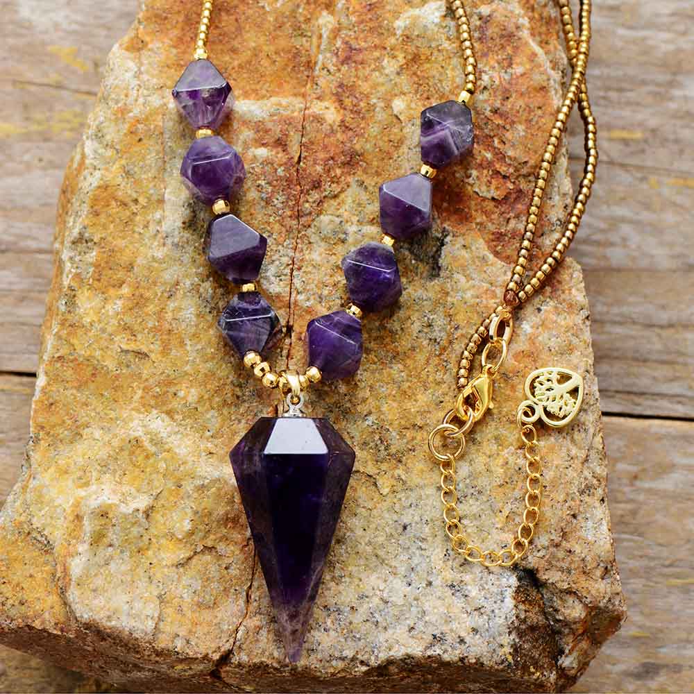 Handmade Natural Amethyst Hexagonal Pendant Necklace - 19.7 Inches Approx