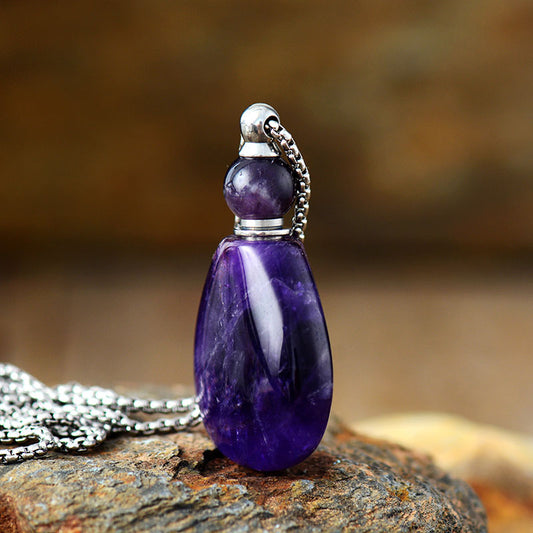 Handmade Natural Amethyst & Stainless Steel Perfume Bottle Necklace