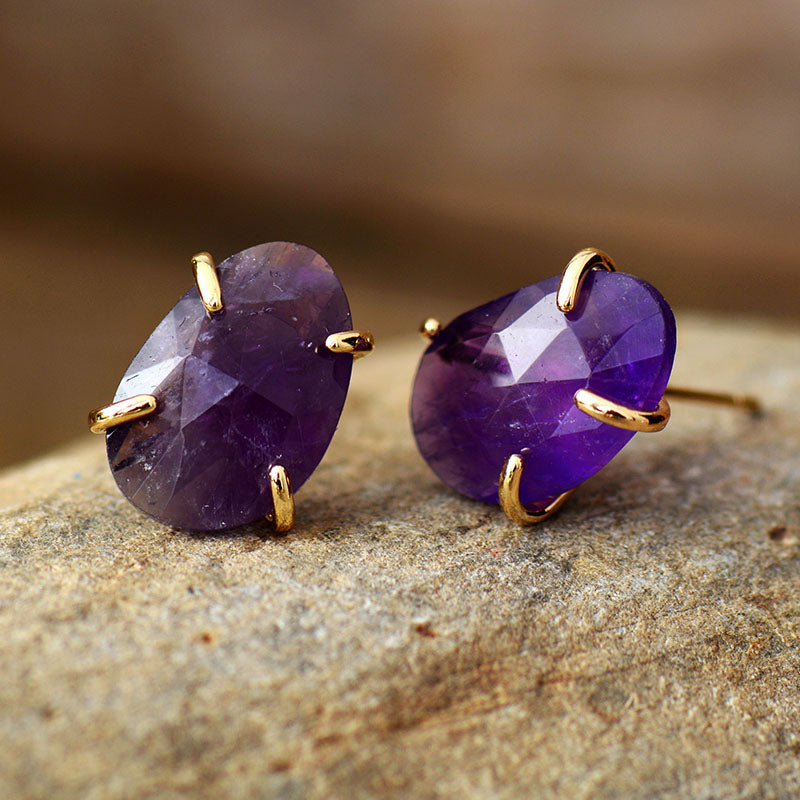 Handmade Amethyst Stud Earrings with Natural Crystals