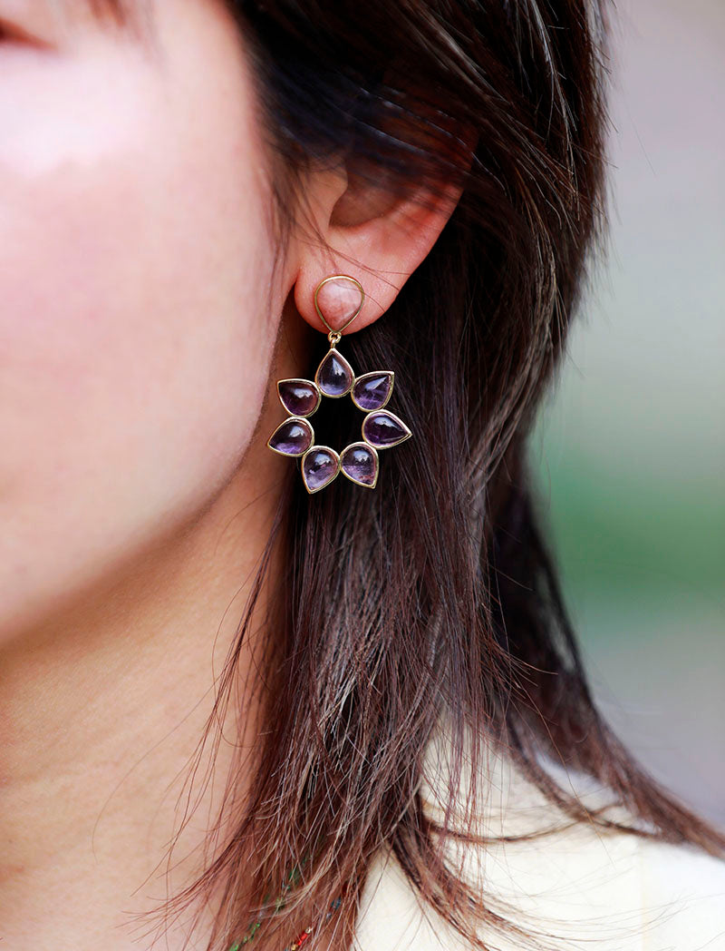 Handmade Amethyst and Gold Flower Stud Earrings