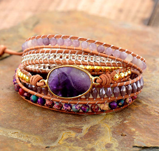 Handmade Natural Amethyst and Jasper Leather Bracelet - 32.5 Inches + 3 Closures
