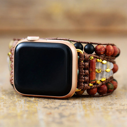Handmade Black Agate, Picasso Jasper and African Turquoise Apple Watch Straps with Vegan Rope
