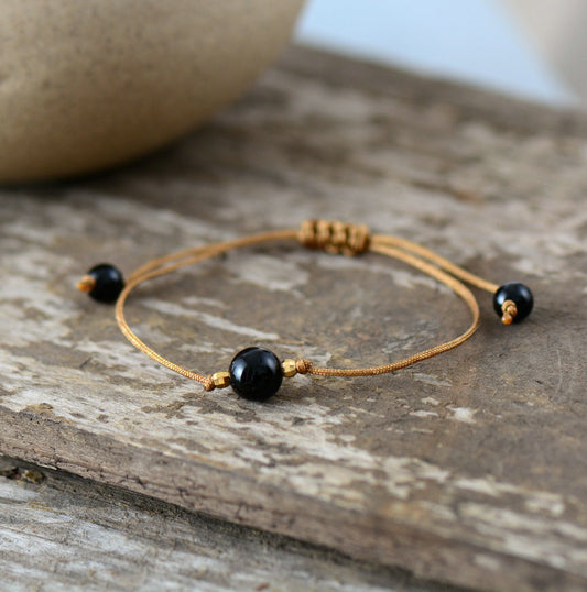 Simple Handmade Natural Black Agate Stone with Wax Cord Bracelet