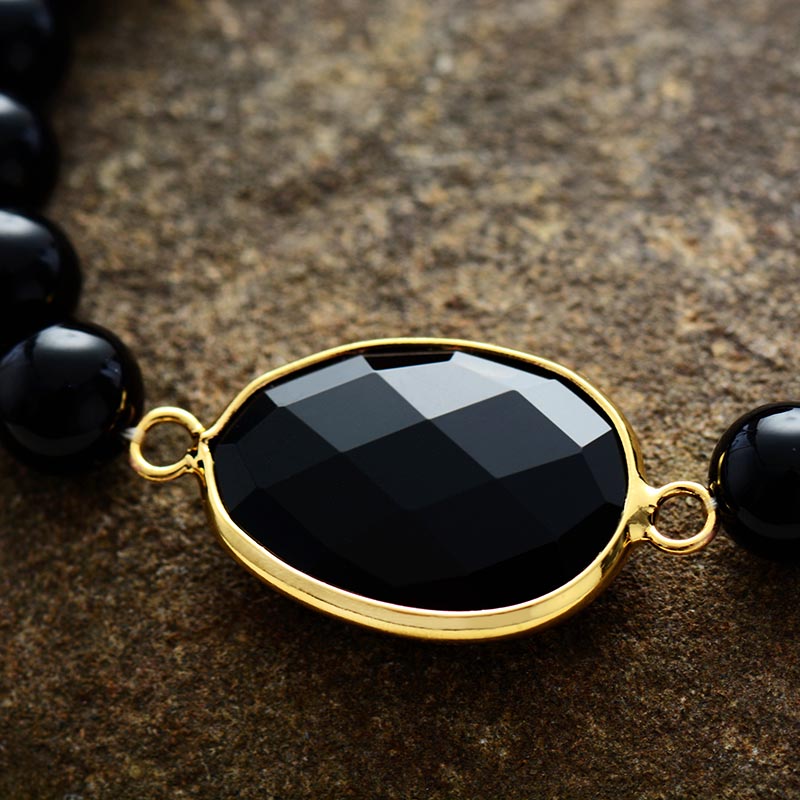 Handmade Natural 8MM Black Onyx Elastic Charm Beaded Bracelet