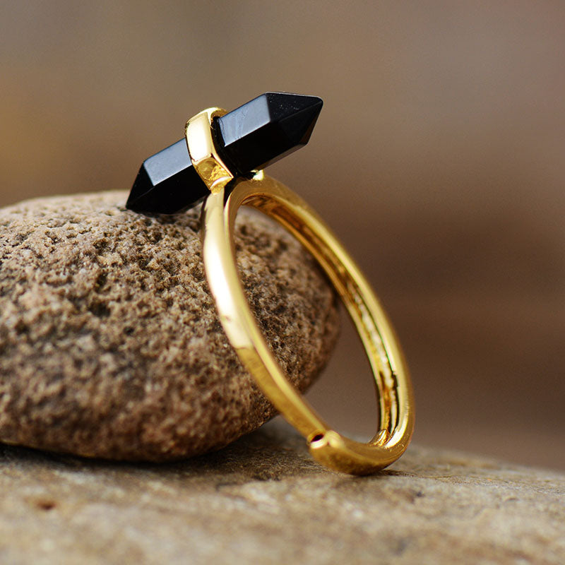 Resizable Black Onyx Hexagonal Cone Stone Gold Plated Ring