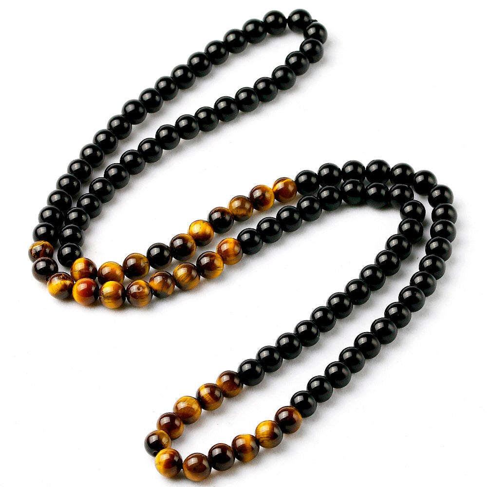 Natural Black Onyx and Tiger Eye Stone Beaded Necklace