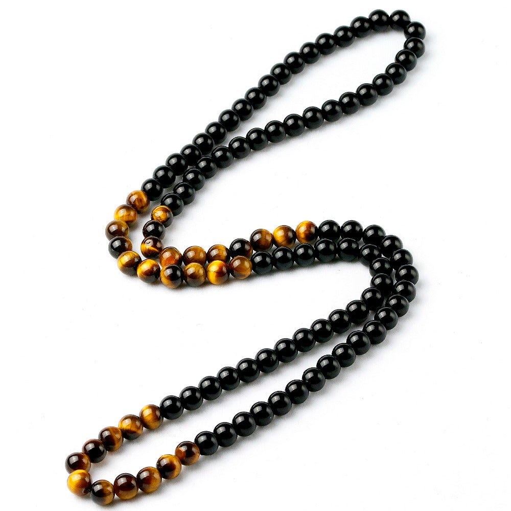 Natural Black Onyx and Tiger Eye Stone Beaded Necklace
