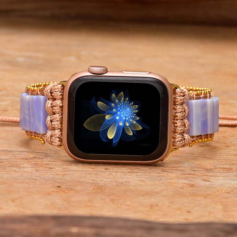 Handmade Blue Lace Agate Apple Watch Bracelet with Wax Rope