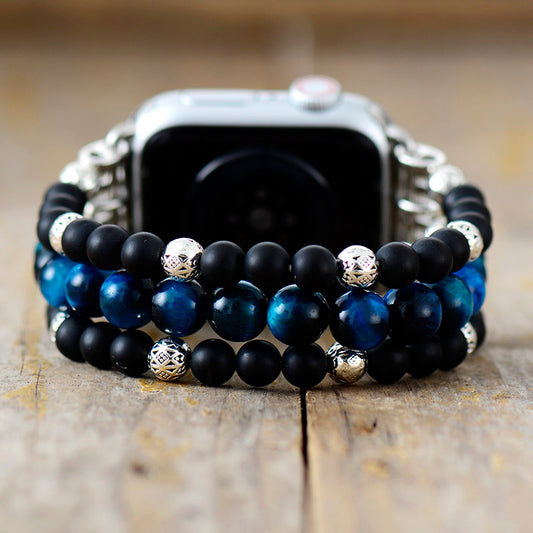Handmade Blue Tigers Eye and Onyx Apple Watch Stretch Band 38-45MM Plate