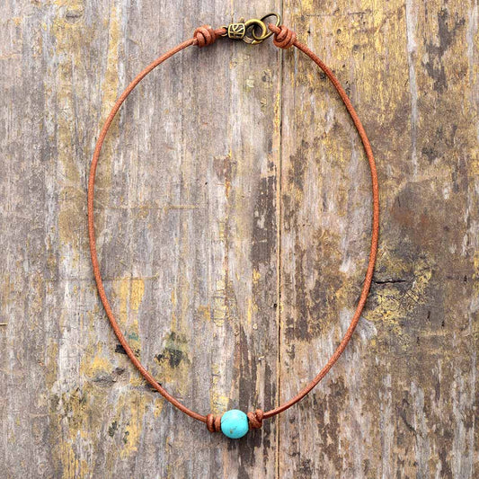 Handmade Leather Choker Necklace with Turquoise Stone - 15 Inches