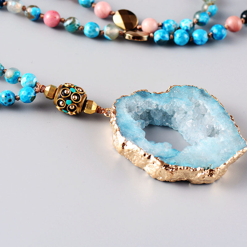 Handmade Natural Onyx Beads and Light Blue Druzy Pendant Necklace