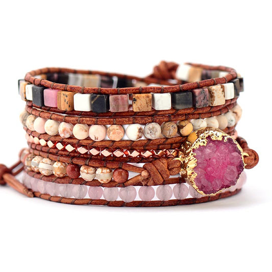 Handmade Natural Druzy and Mixed Stones Leather Bracelet - 32.5 inches+3 closures