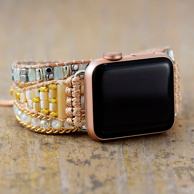 Handmade Pearl Beads and Metal Apple Watch Straps with Vegan Rope