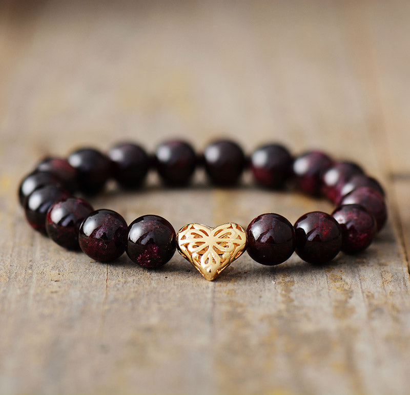 Handmade Natural Garnet Stone with Heart Shaped Charm Bracelet