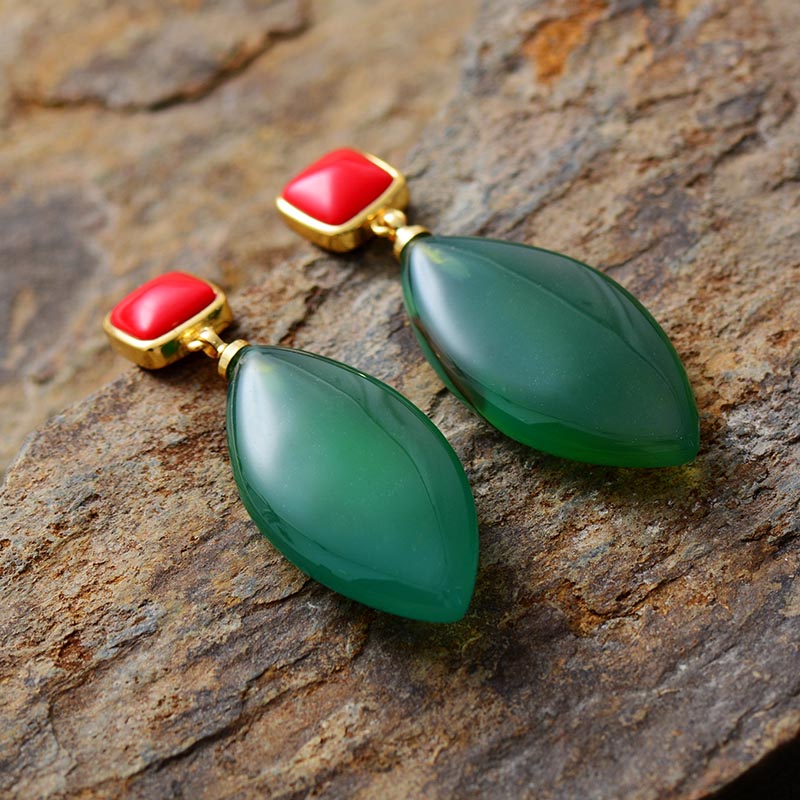 Handmade Green Agate and Gold Crystal Earrings