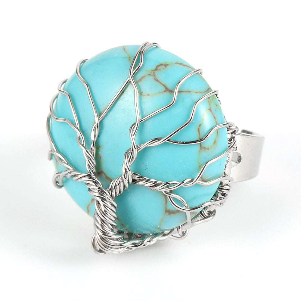 Resizable Turquoise Natural Stone Ring With a Silver Tree of Life Wrap