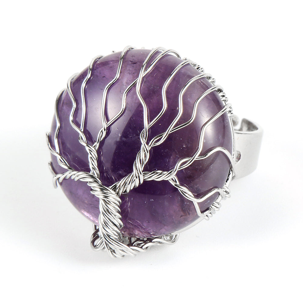 Resizable Amethyst Natural Stone Ring With a Silver Tree of Life Wrap